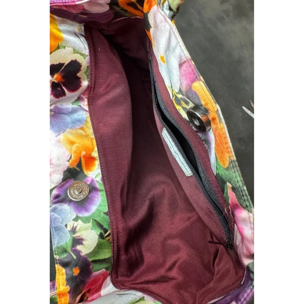 Maria Turgeon Floral Pansy Print Satin Tote Bag Multicolor Handbag Vintage Style